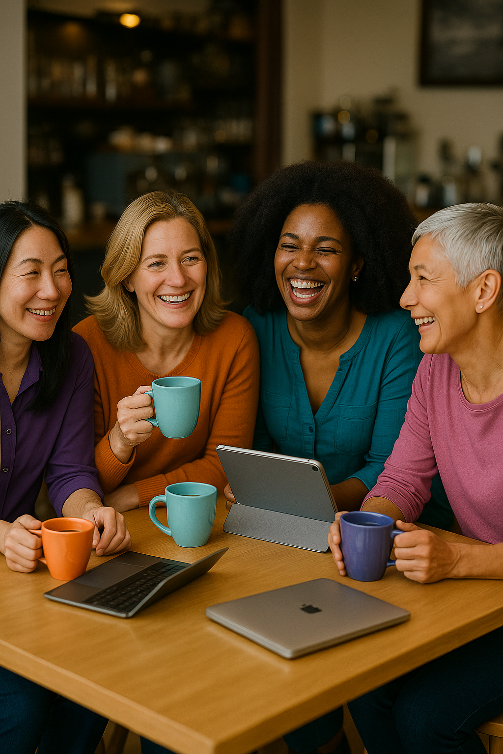 4 women of different ages and ethnic groups, laughing and chatting in a coffee shop around a table with some laptops and coffee mugs